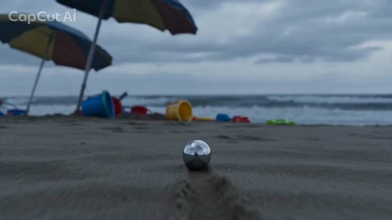 Silver orb carving a trail through the sand