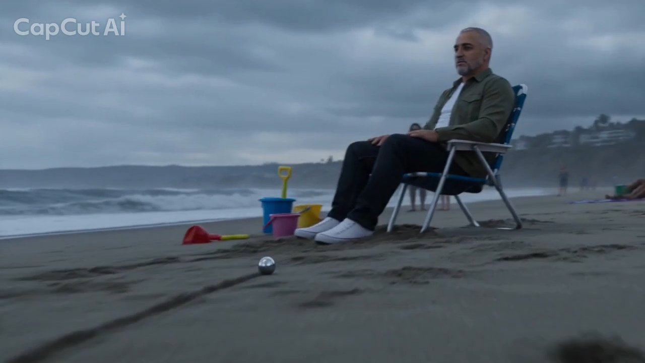 Man relaxing in a beach chair, unaware of the orb