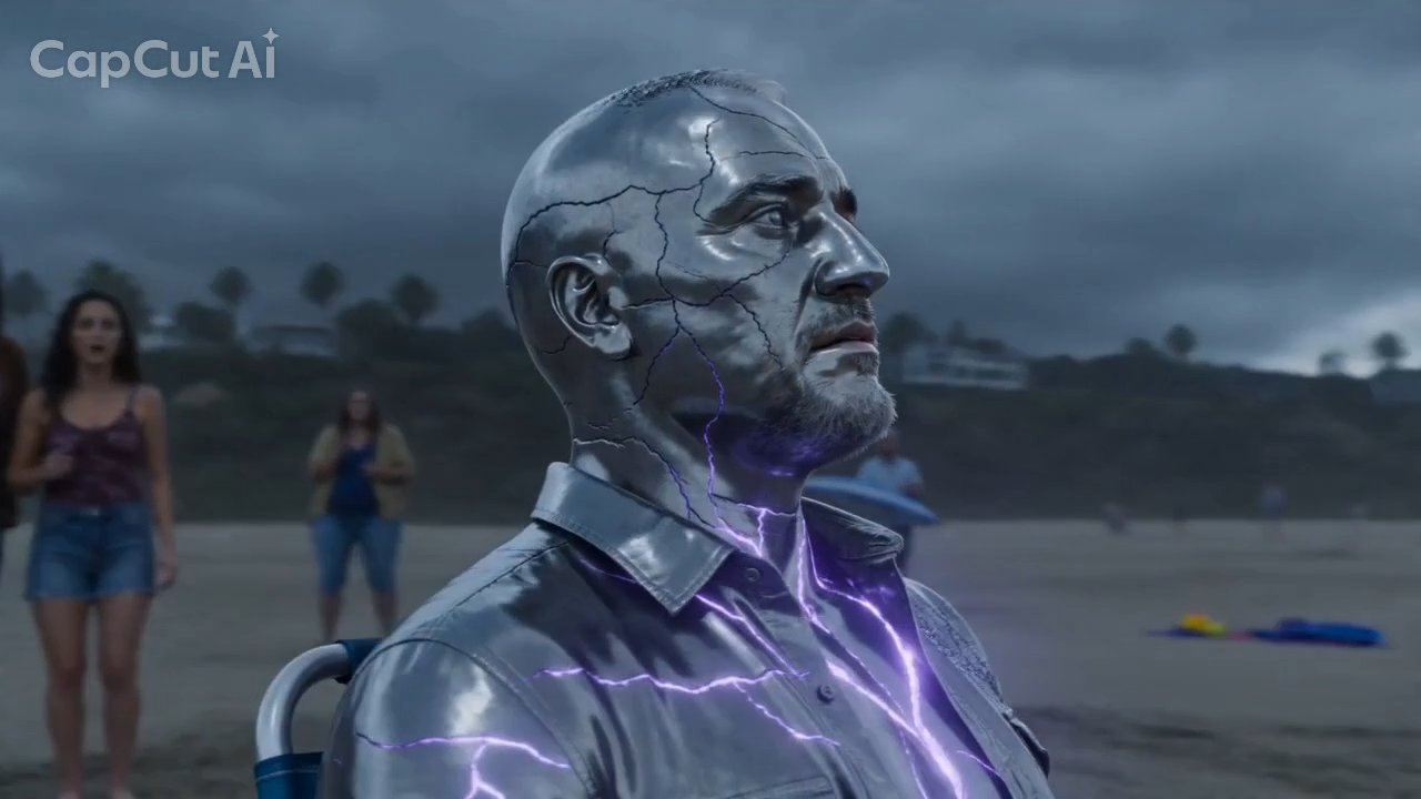 Fully chromed, purple energy crackling