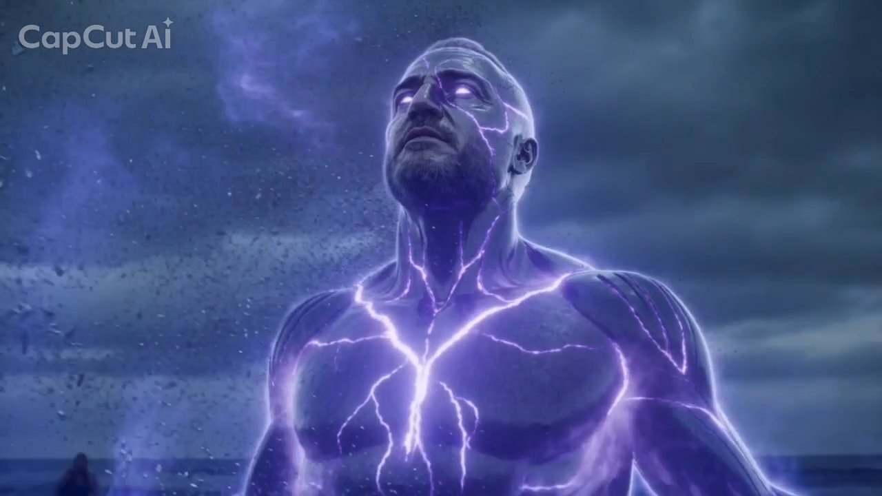 He rises, veins of purple lightning across his body