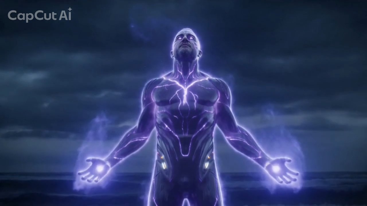 Full power — arms out, palms glowing against the storm