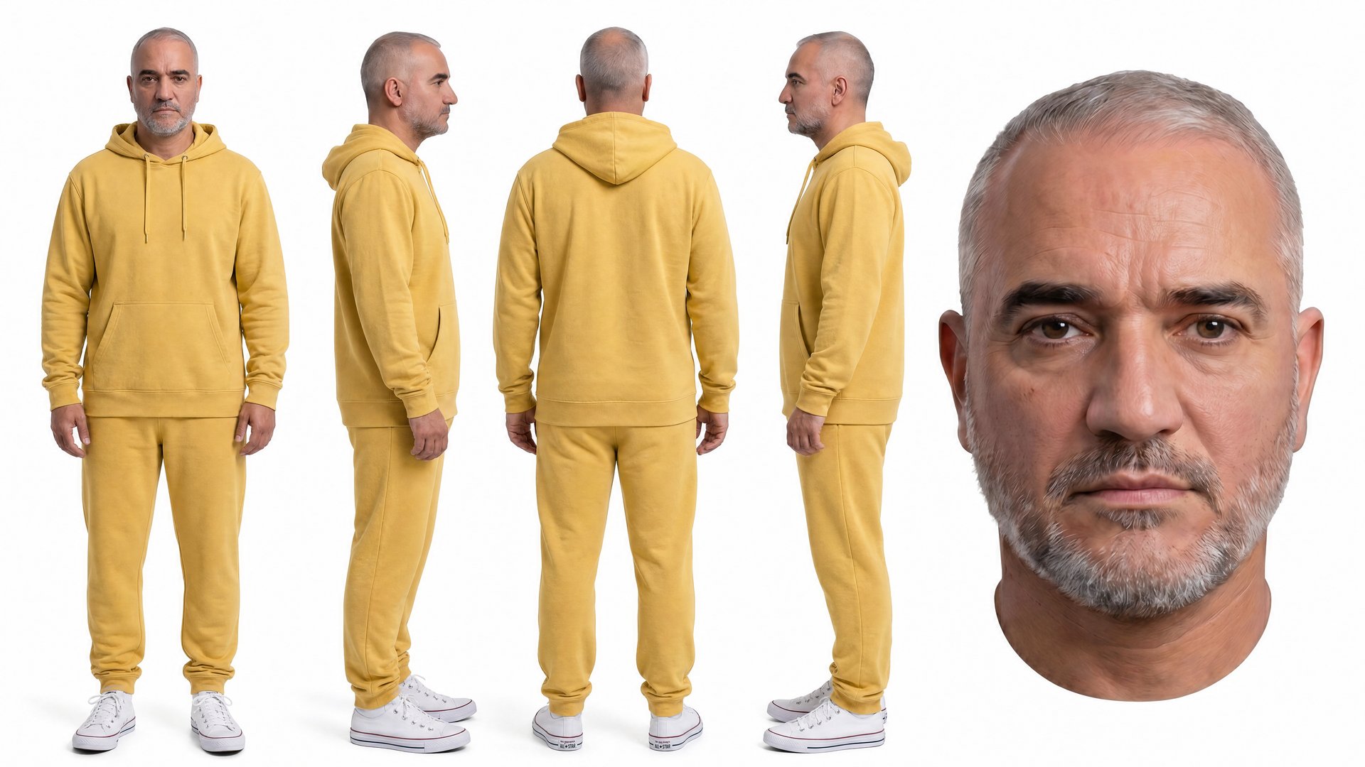 Yellow tracksuit character reference sheet — five views