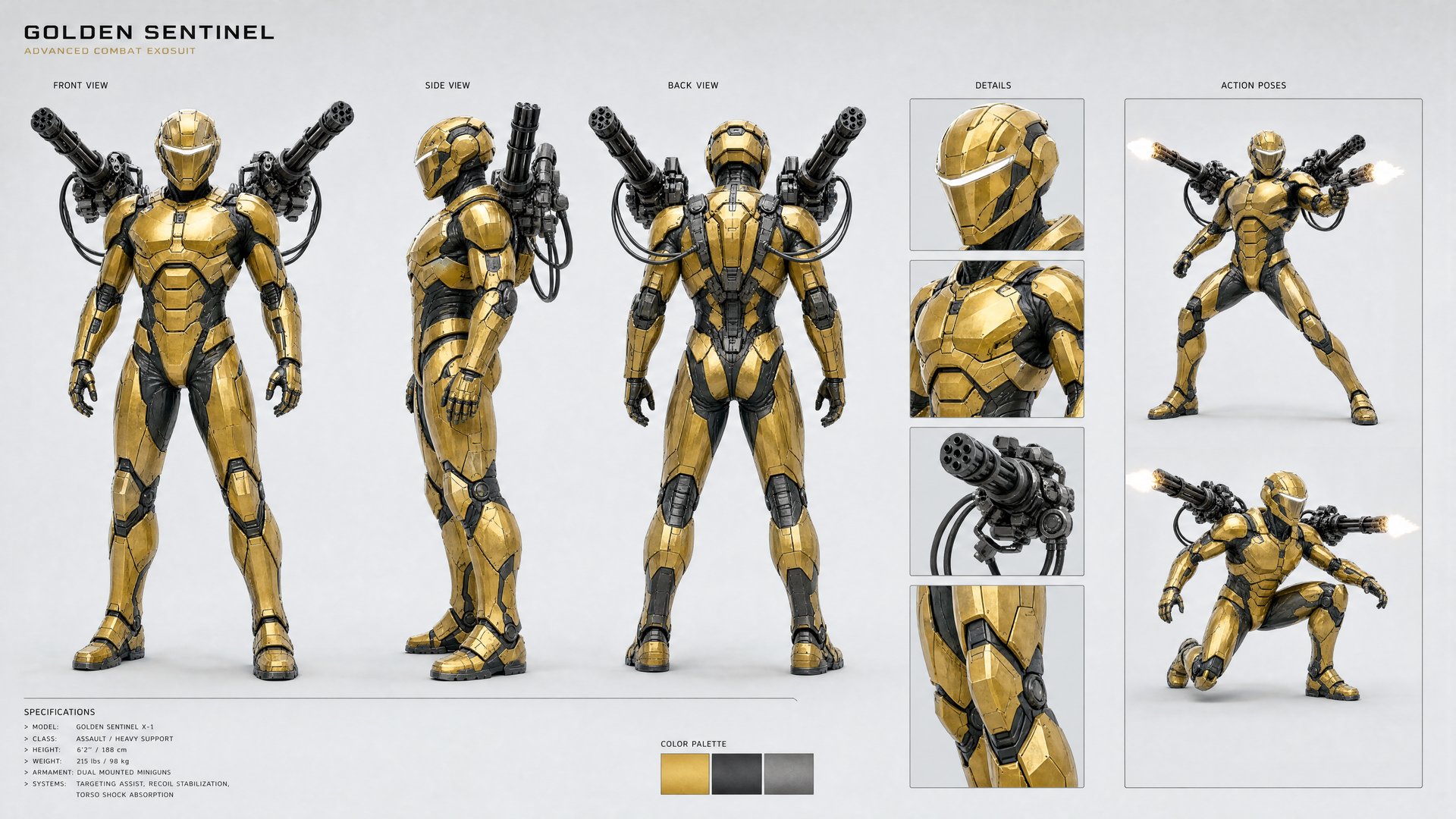 Golden Sentinel combat exosuit concept sheet