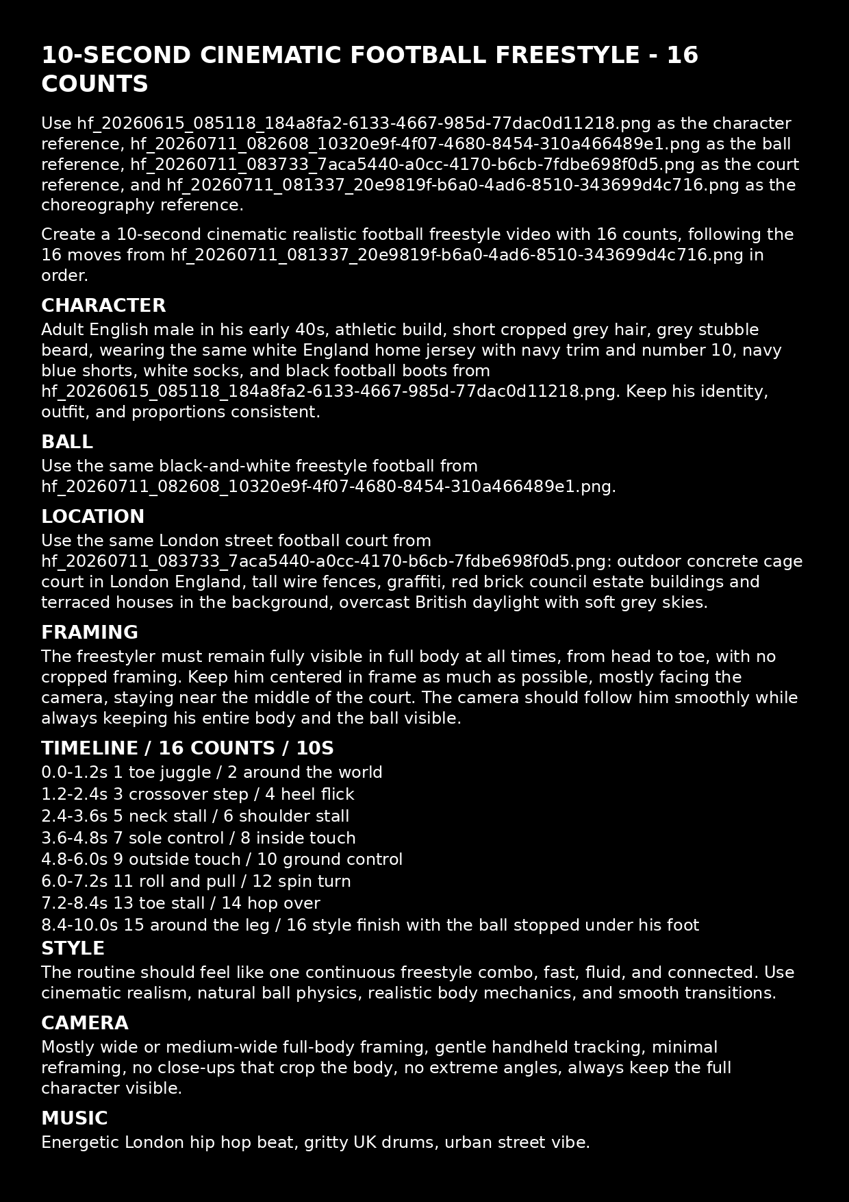 16-count freestyle choreography prompt page — white text on black
